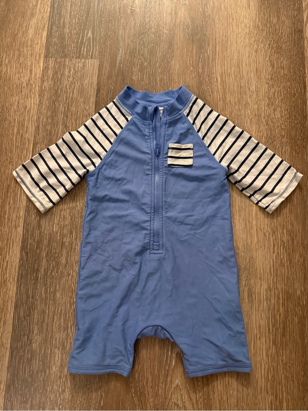 Janie and Jack Cornflower Blue One-Piece Swimsuit with Navy Stripe Sleeves